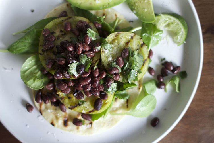 Grilled green tomato tostadas