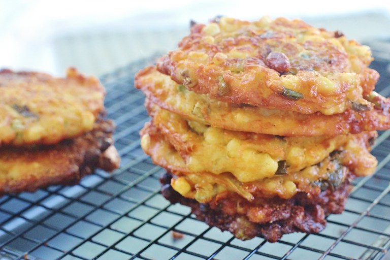 Savory corn and sweet tomato cakes