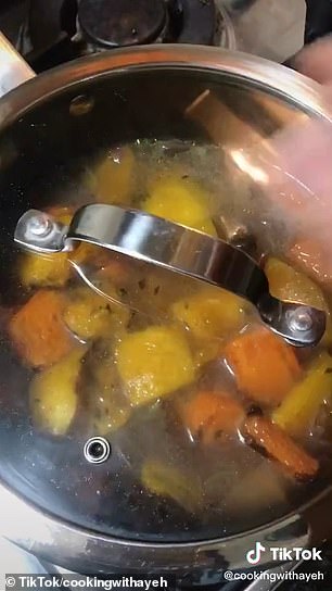 After placing the tray in the pre-heated oven, she sautéed one onion in a pot then poured in three cups of vegetable stock