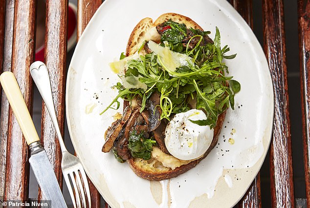 To assemble, spread 2 tablespoons of purée over each piece of toast. Spoon the mushrooms and spinach over the top of the toast and purée, then place a poached egg on top.