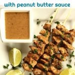 Chicken Satay Skewers with Peanut Butter Sauce, a fantastic appetizer that will be the star of any party. Absolutely flavourful and tasty, super easy to make, these skewers are the best of the grilling season. They can also be easily made on a grilling pan to be enjoyed all year around. Low carb, gluten free, and just heaven.