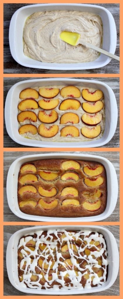 4 photos of showing process of assembling fresh peach cake- batter, then batter topped with fresh peaches, then cake vaked, then glaze on top